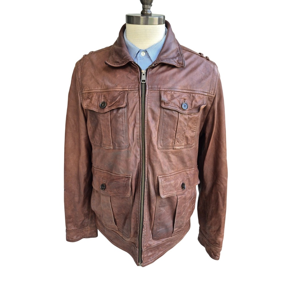 Cole Haan Mens Brown Lambskin Leather Jacket Distressed Zip Utility Coat Large